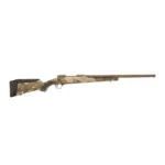Savage Arms 110 High Country rifle, right-side view with camouflage stock and long dark barrel