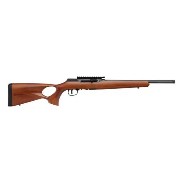 Savage Arms SAV A22 TIMBER, right-side view with brown thumbhole stock and black barrel
