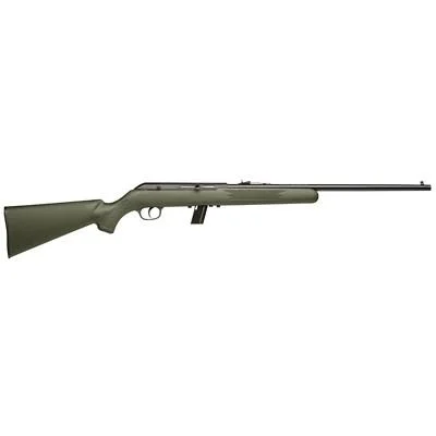 Savage Arms SAV 64F rifle left-side view with green stock, black barrel and magazine