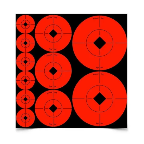 Birchwood Casey Adhesive Target Spots, red circular targets with black centers