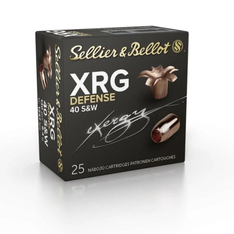 sellier-bellot-xrg-defense-40-s-w-130gr-hp-primary Sellier & Bellot XRG Defense Handgun Ammunition black retail box, angled front view