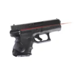 Crimson Trace Semi-Automatic Lasergrip black grip on compact pistol, left-side view with red laser