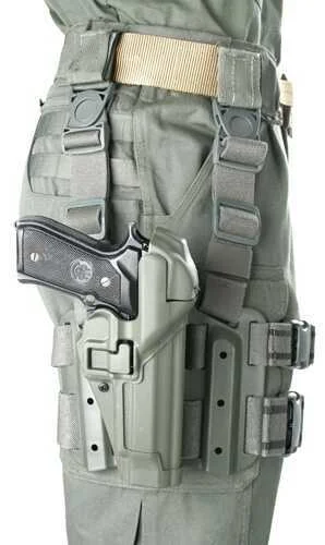 Blackhawk! SERPA Level 3 Tactical Holster, olive drab right-thigh rig holding a pistol