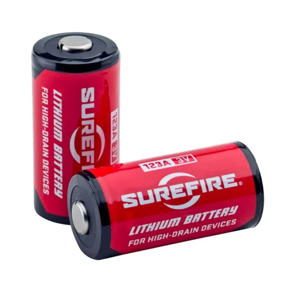 Surefire SF123A Batteries, two red and black cells, one upright and one lying on its side