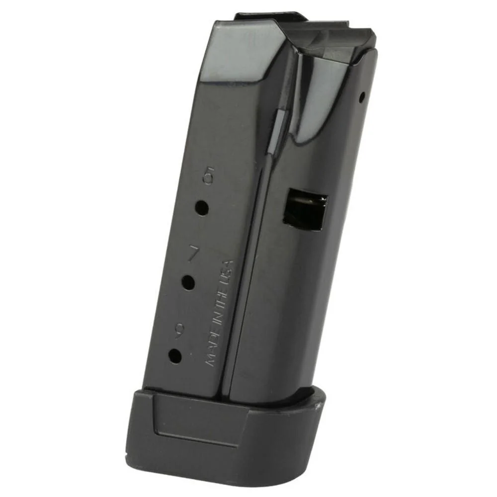 shield-arms-z9-handgun-magazine-for-glock-43-black-primary Shield Arms Z9 Handgun Magazine for Glock 43, black angled side view with witness holes and baseplate