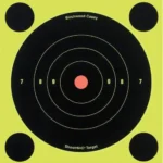 Birchwood Casey Shoot-N-C bull's-eye target, front view with black rings on fluorescent yellow