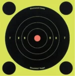 Birchwood Casey Shoot-N-C bull's-eye target, front view with black rings on fluorescent yellow
