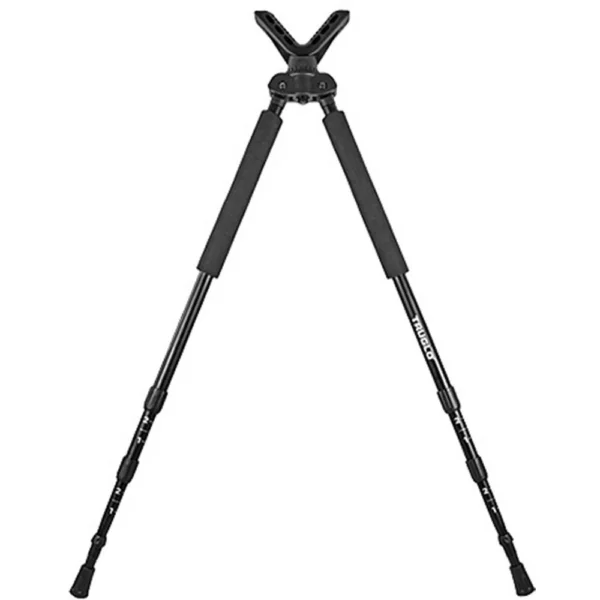 Truglo Solid Shot Shooting Rest Bi-Pod, black front view with extended legs and V rest