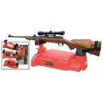 MTM Shoulder Gard red rifle and pistol rest supporting a scoped rifle, with inset views
