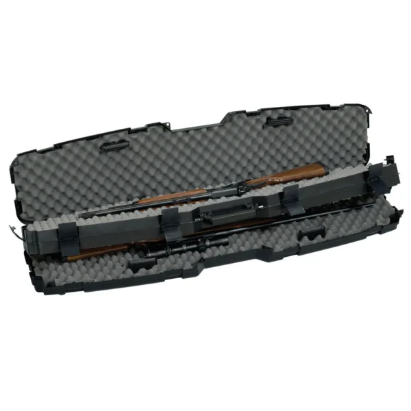 Plano PillarLock Pro-Max Side by Side Scoped Gun Case, open black case with foam and long gun