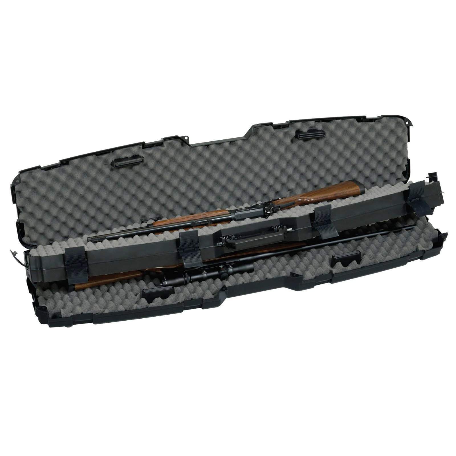 side-by-side-scoped-rifle-case-primary Plano PillarLock Pro-Max Side by Side Scoped Gun Case, open black case with foam and long gun