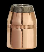Sierra Pistol Bullets copper-colored hollow-point bullet, front view on black background