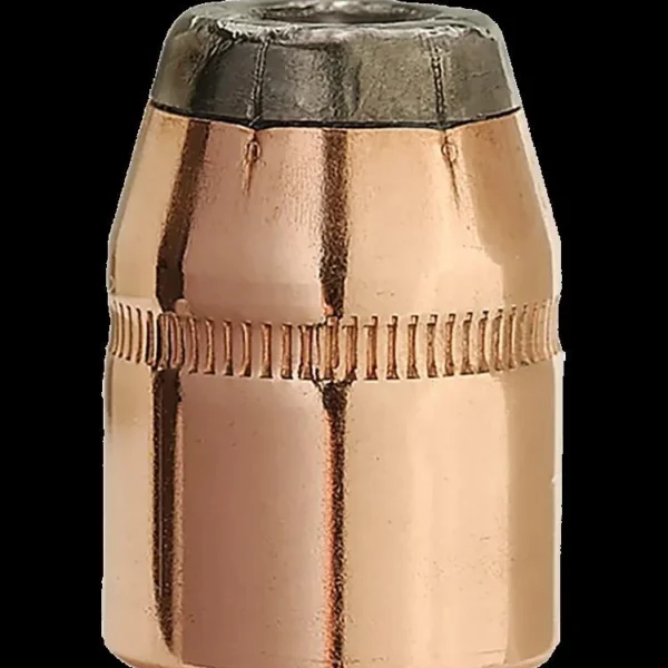 Sierra Pistol Bullets copper-colored hollow-point bullet, front view on black background