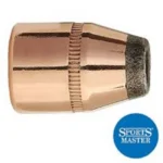 Sierra Sports Master handgun bullet, close side view with copper jacket, groove and exposed tip
