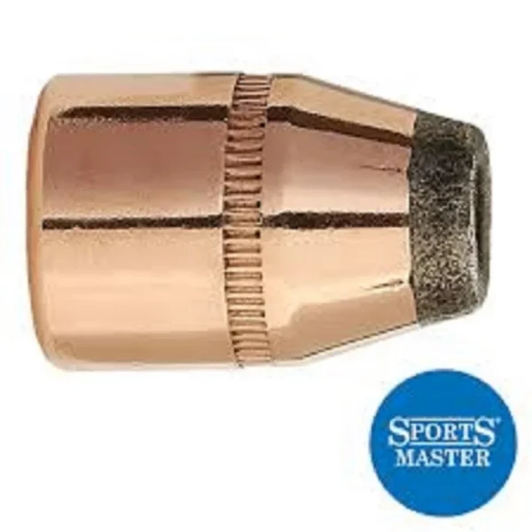 Sierra Sports Master handgun bullet, close side view with copper jacket, groove and exposed tip