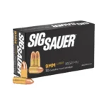 Sig Elite Performance Handgun Ammunition, angled view of black box with cartridges