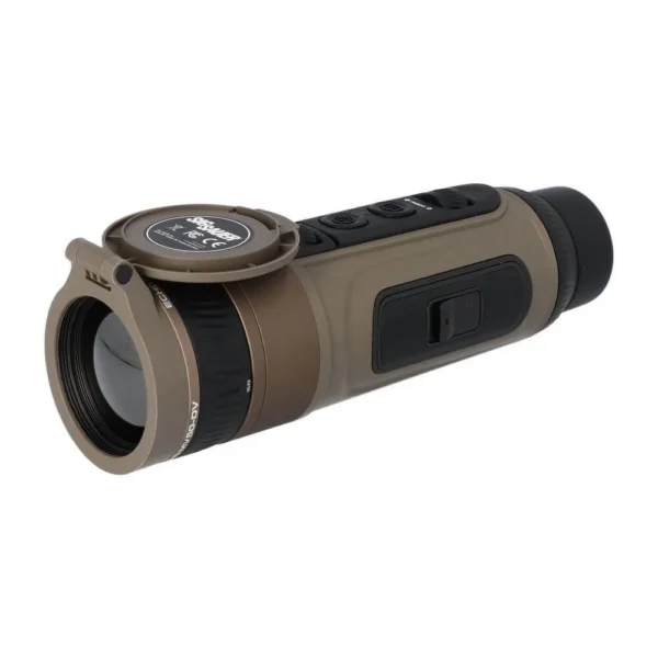 Sig Sauer ECHO MV50-DV Thermal Monocular, tan and black angled side view with front lens