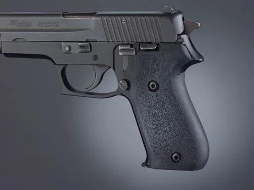 Hogue SIG Sauer P220 American Rubber Grips, black textured panels shown mounted on pistol