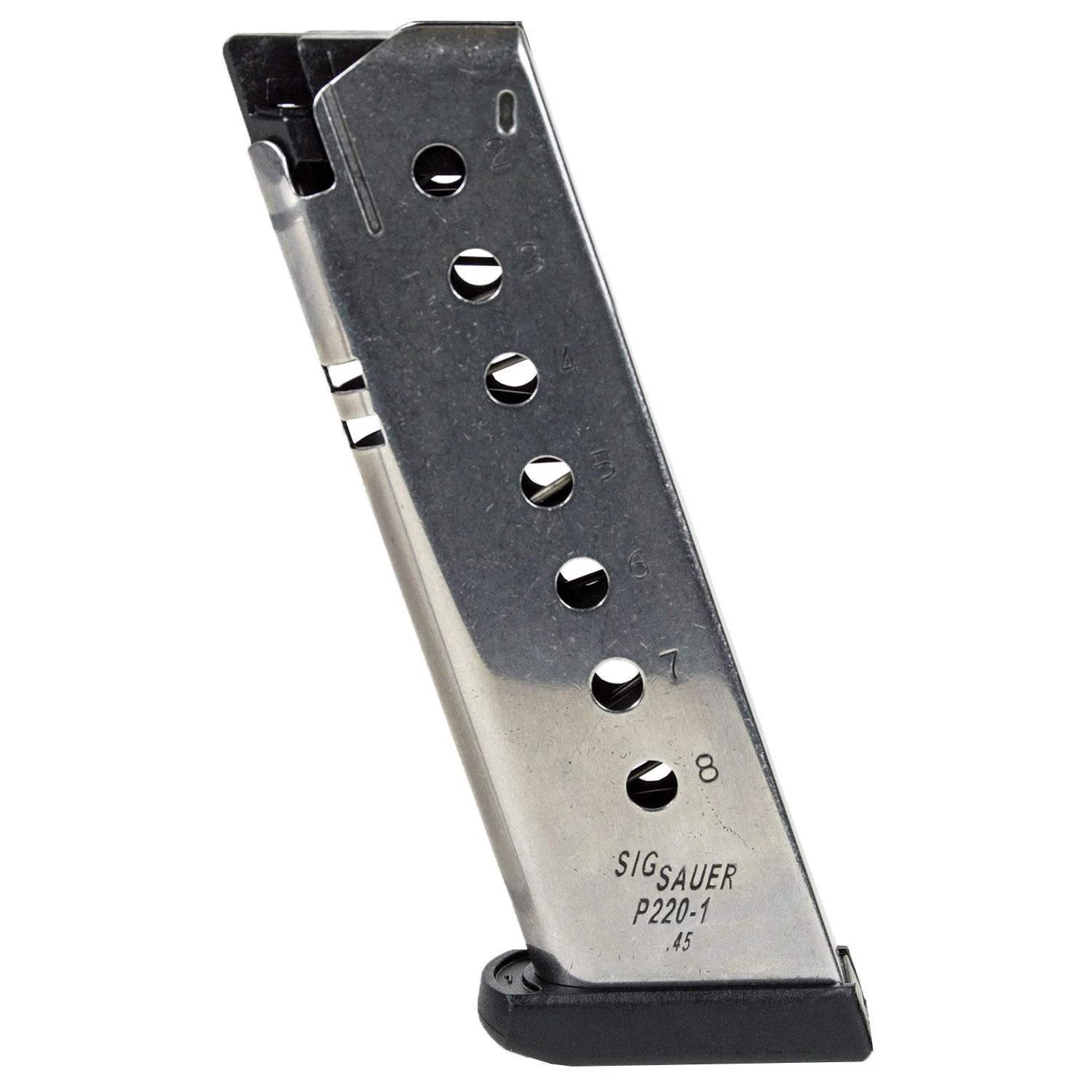 sig-sauer-p220-magazine-45-acp-8rd-blued-primary Sig Sauer P220 Magazine, angled view of blued metal body with witness holes and black baseplate