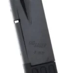 Sig Sauer P226 magazine, black angled side view with witness hole, logo and extended baseplate