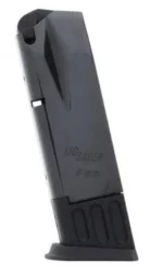 Sig Sauer P226 magazine, black angled side view with witness hole, logo and extended baseplate