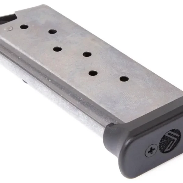 Sig Sauer P238 Legion Handgun Magazine EXT, angled view with silver body and black extended base