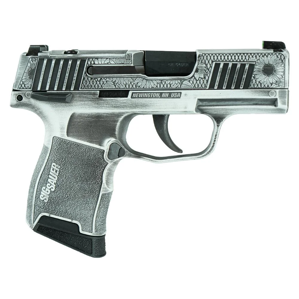 sig-sauer-p365-380-auto-handgun-primary Sig Sauer Exclusive P365-380 Sun Flower handgun, left-side view with silver floral slide