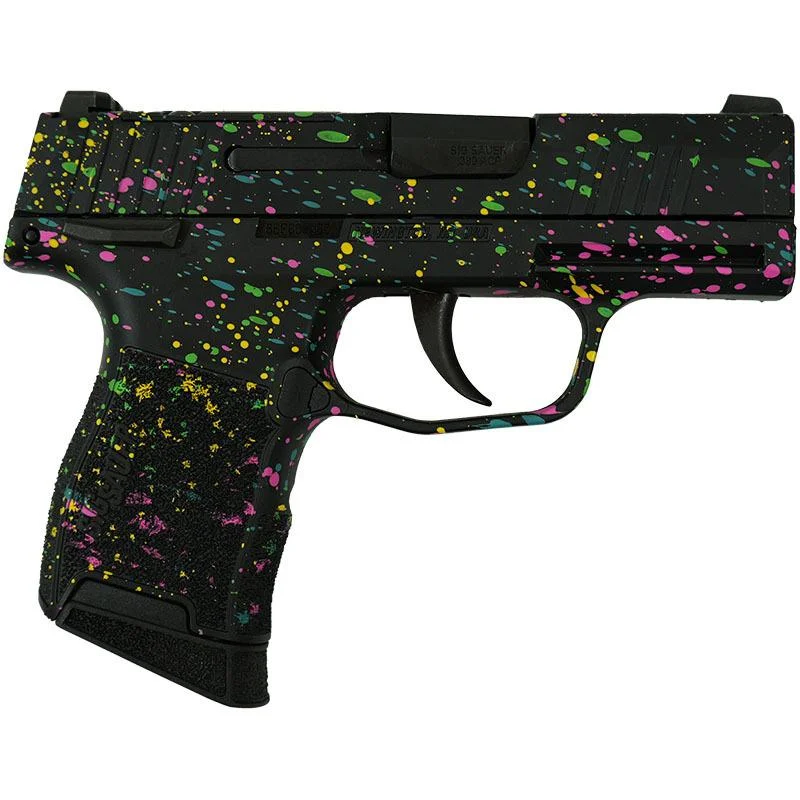sig-sauer-p365-380-exclusive-multi-color-paint-primary Sig Sauer P365-380 black handgun, left-side view with multicolor paint splatter