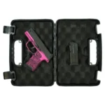 Sig Sauer Exclusive P365 pink filigree handgun and black magazine in open foam-lined case