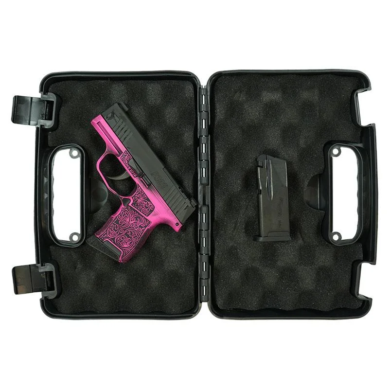 sig-sauer-p365-optic-ready-9mm-pistol-primary-1 Sig Sauer Exclusive P365 pink filigree handgun and black magazine in open foam-lined case