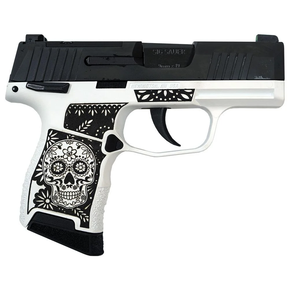 sig-sauer-p365-optic-ready-handgun-9mm-luger-for-s-primary Sig Sauer Exclusive Sugar Skull P365 right-side view with black slide and white patterned grip