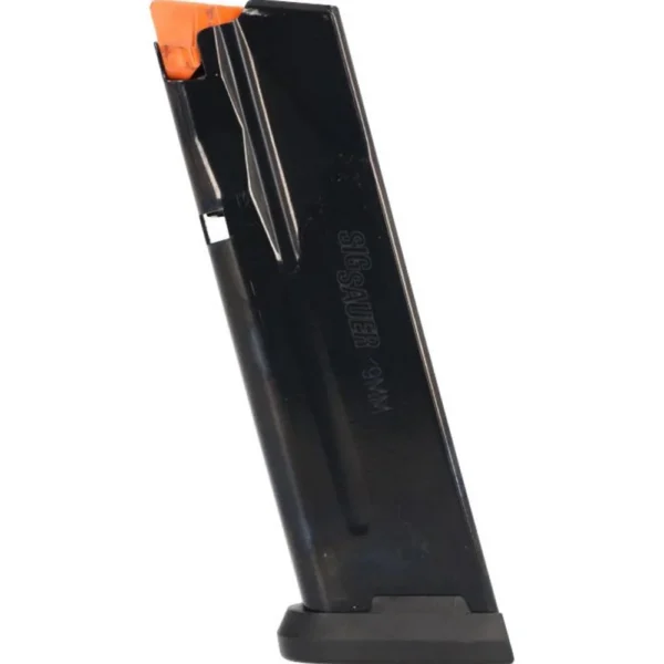 Sig Sauer P365 X-MACRO Handgun Magazine, angled view of black magazine with orange follower