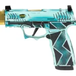 Sig Sauer SCT ANIME KOMDO 365X CMP blue and gold pistol, right-side view with patterned grip