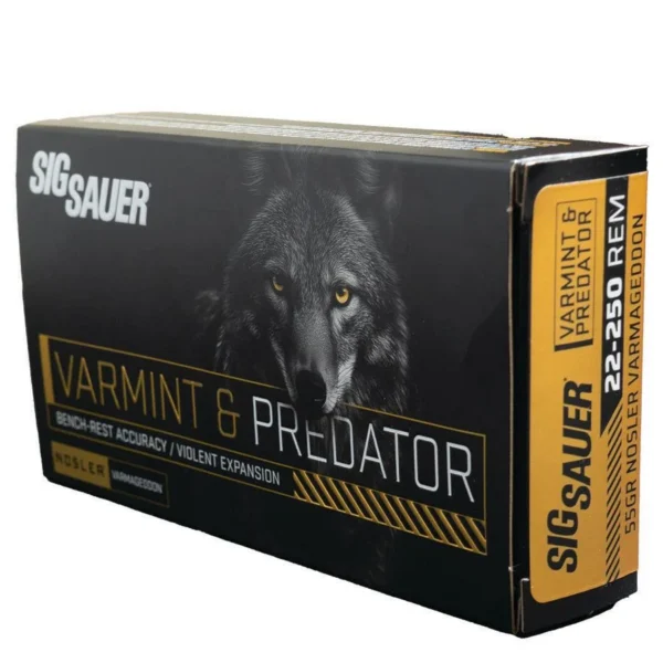 Sig Sauer Varmint & Predator ammunition box, angled front view with black and gold graphics
