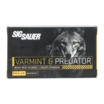 Sig Sauer Varmint & Predator Rifle Ammunition, front of black box with wolf graphic