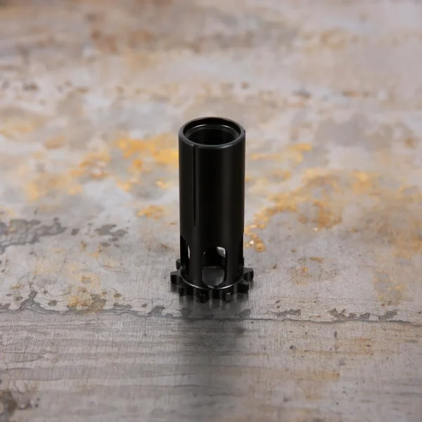 SilencerCo SCO PISTON M16X1 LH, black metal, upright angled view with threaded open end