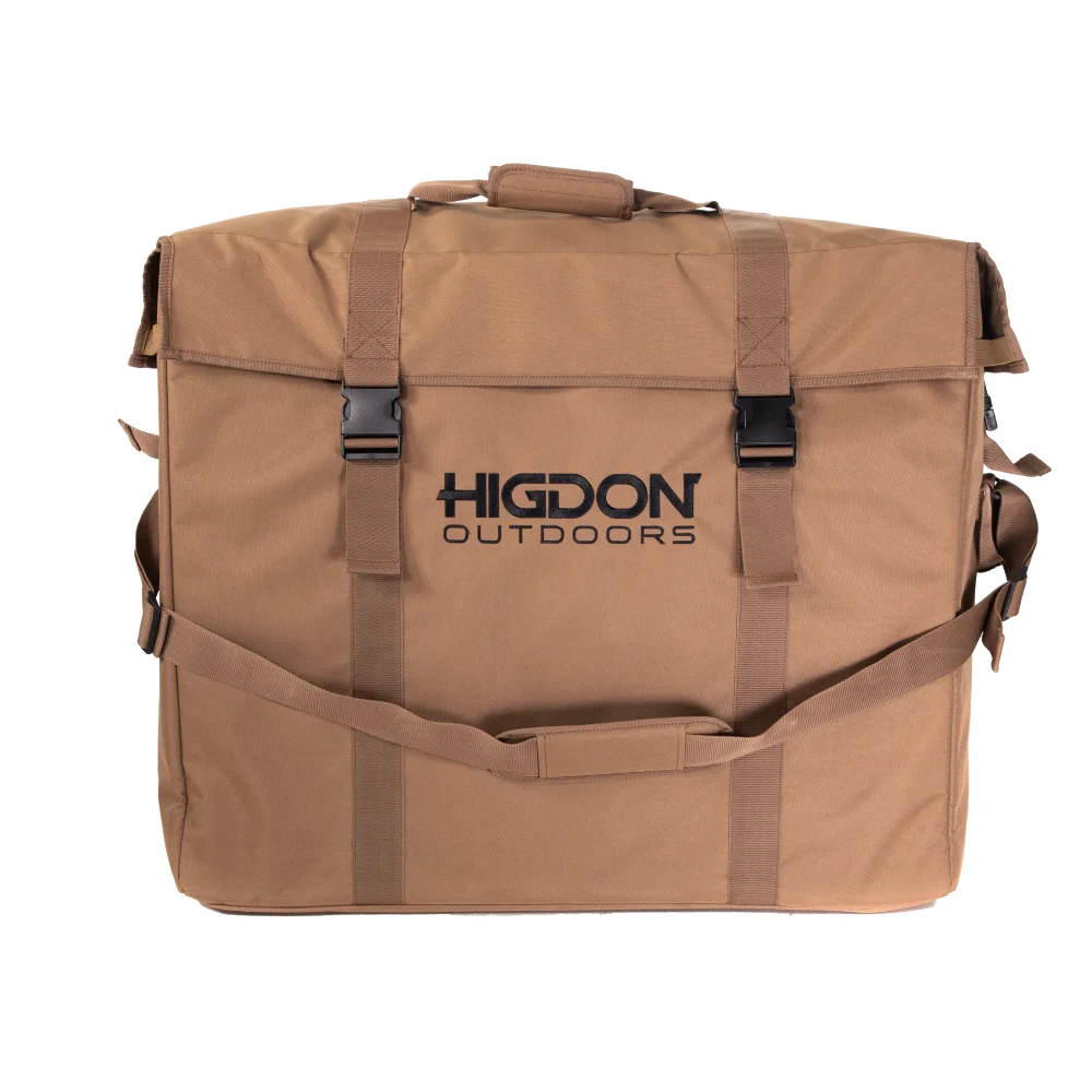 silhouette-decoy-bag-600d-poly-60-capacity-primary Higdon Silhouette Decoy Bag, tan front view with carry handle, shoulder strap and buckle closures