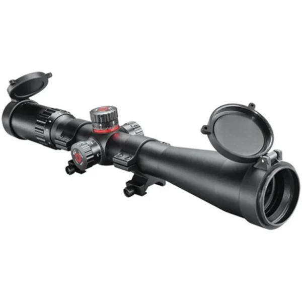 Simmons ProTarget Rifle Scope black scope in angled side view with adjustment turrets and lens caps
