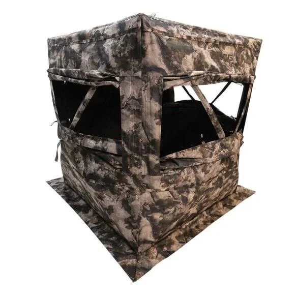 AOB BOG Sitting Hub Blind in Mossy Oak Terra camouflage, front view with open windows