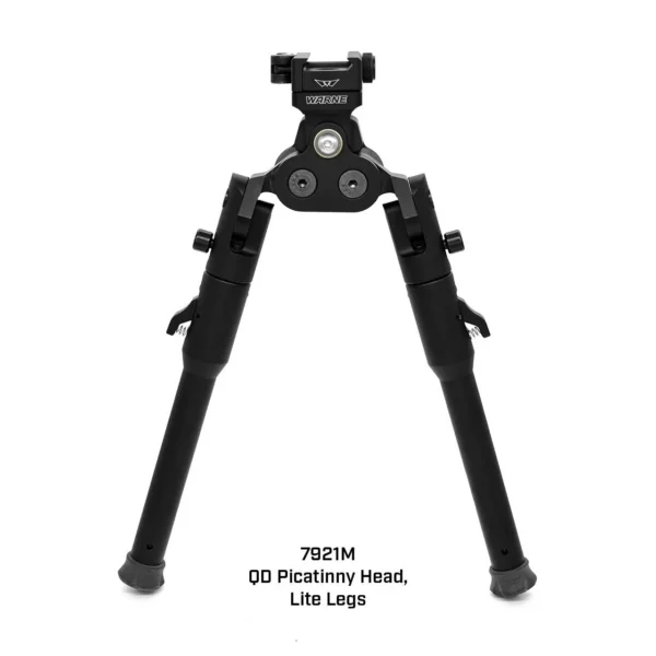 Warne Skyline Pro Bipod, black front view with QD mount and extended Lite Legs