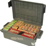 MTM Ammo Crate Utility Box Small, open army green box filled with ammunition cartons