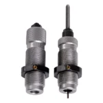 RCBS Small Base Die Set, two silver threaded dies upright with knurled caps