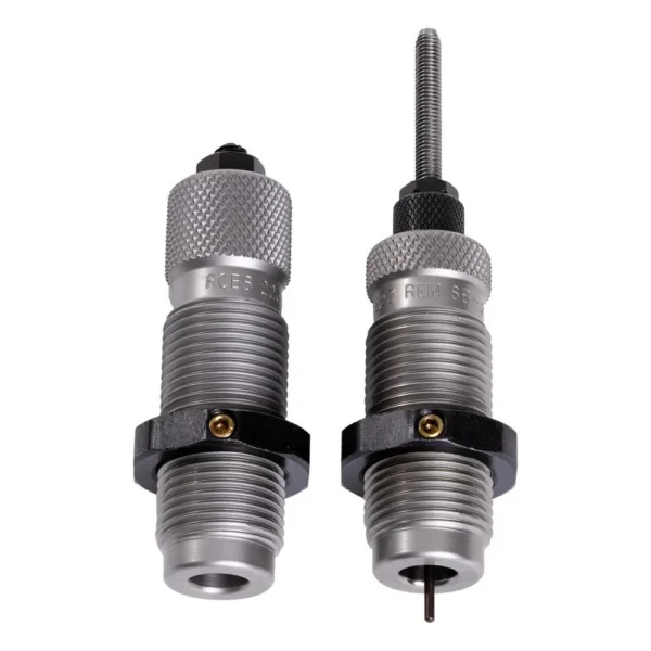 RCBS Small Base Die Set, two silver threaded dies upright with knurled caps