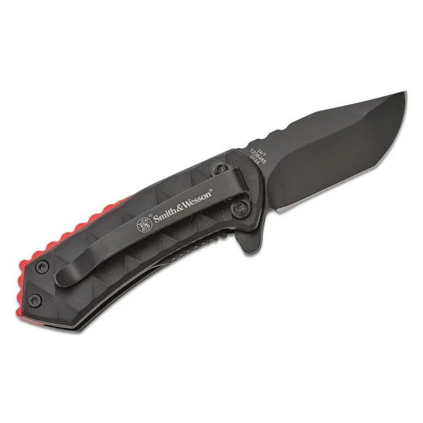 Battenfeld Knives Smith & Wesson 24/7 black folding knife open in right-side view with red accents