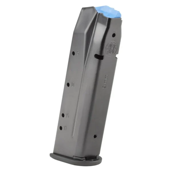 Smith & Wesson MAG S&W CSX-E SERIES, angled view of silver magazine with black baseplate