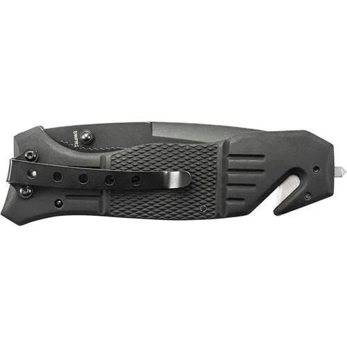 Smith & Wesson Extreme Ops Drop Point Folding Knife, black folded view with pocket clip