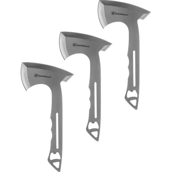 Battenfeld Knives Smith & Wesson Hawkeye Throwing Axes, three silver axes in staggered view