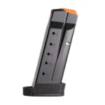 Smith & Wesson M&P SHIELD PLUS/EQUALIZER magazine in angled view with black base and orange follower