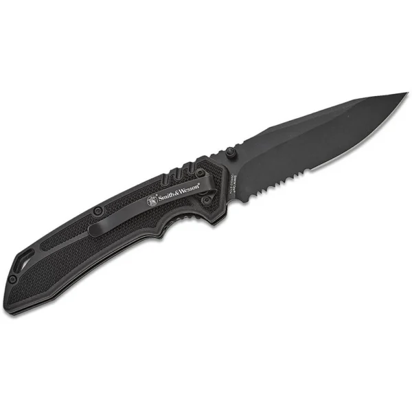 Smith & Wesson Special Ops Folding Knife, black side view with open clip-point blade