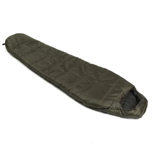 Snugpak Basecamp Ops Sleeper Lite Olive, angled view with hood and quilted outer shell